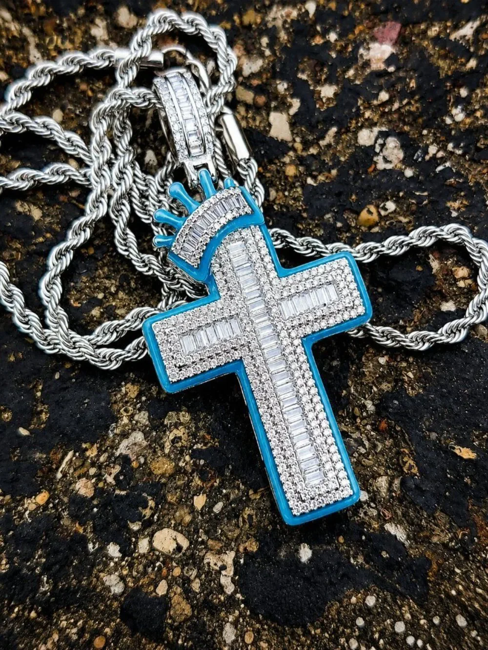 Blue Baguette Crowned Cross Necklace